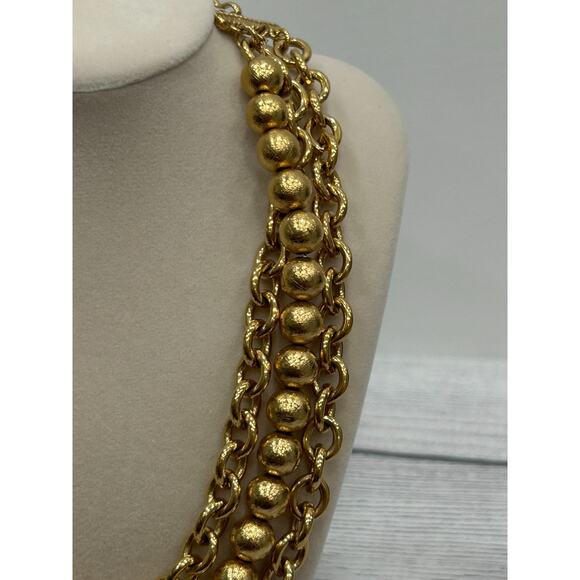 Vtg Monet Gold Tone Three Strand Chain & Bead Layered Statement Necklace 17" - Picture 3 of 7